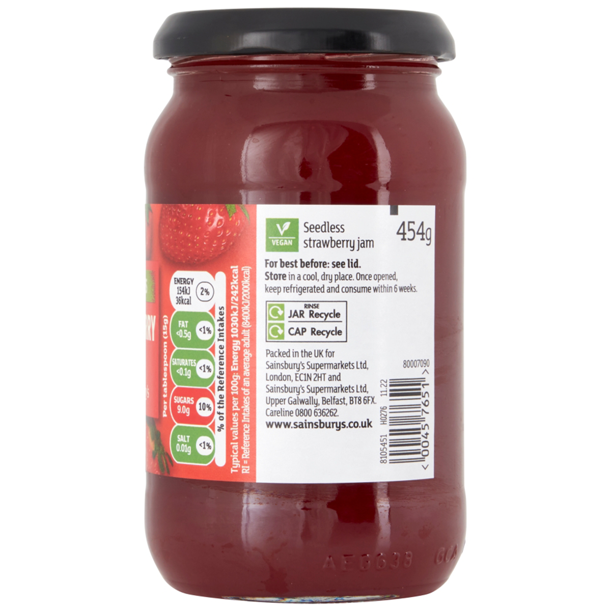 Sainsbury's seedless strawberry jam jar with red fruit spread and label, on a white background.