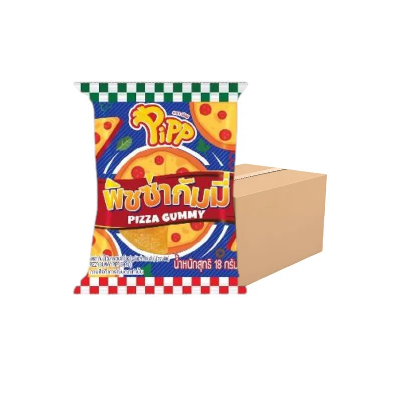 Pipp Pip Pizza Gummy Orange Flavor packs, 18g each, 12 pieces, in colorful snack packaging from PIPP brand.