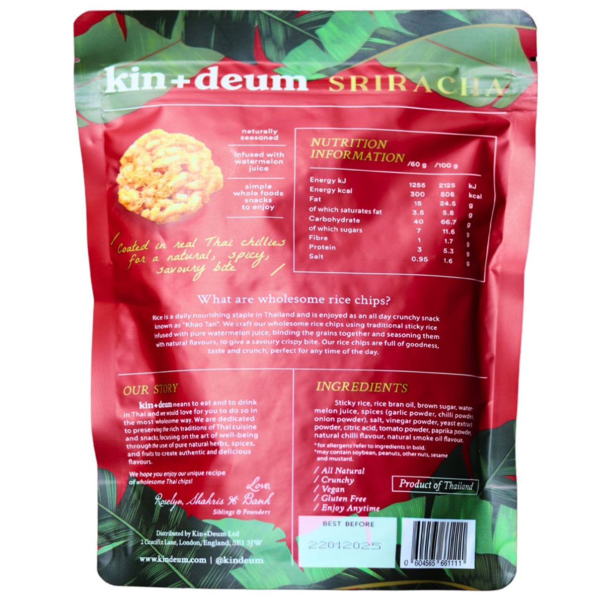Kin Deum Wholesome Rice Chips Sriracha, spicy and crispy snack with rice chips coated in Sriracha flavor, in a colorful package.