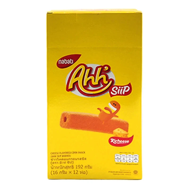 AHH Siip Corn Snack Cheese 16g, crunchy dry snack with cheesy flavor, close-up of the snack pieces in a vibrant package.