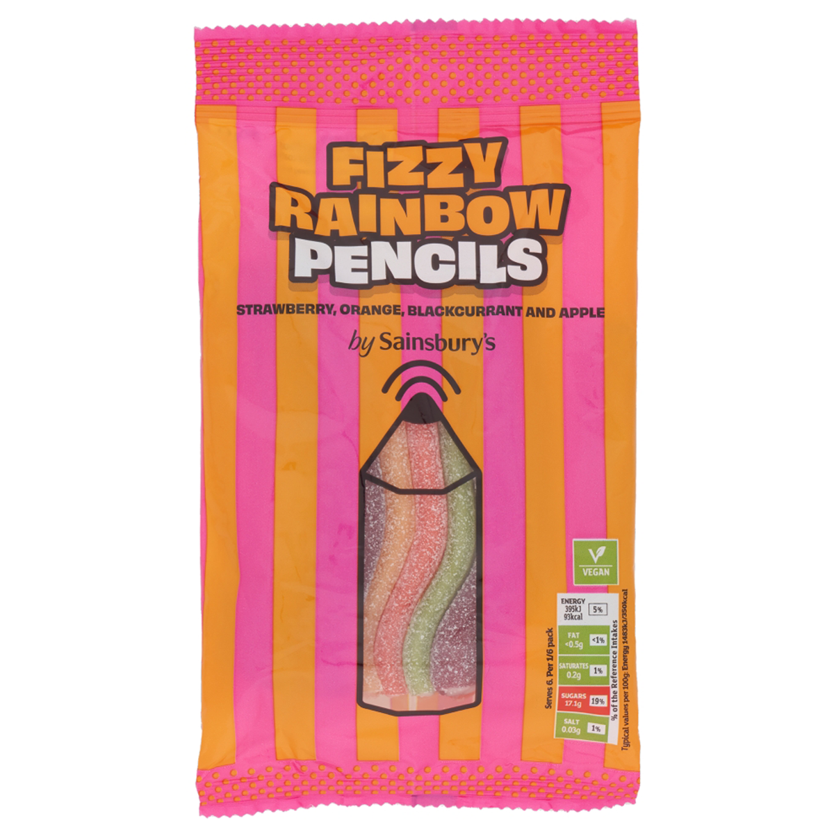 Sainsbury's Fizzy Rainbow Pencil Sweets in colorful striped candy pencils for a fun confectionery snack.