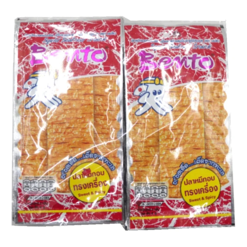 BENTO Bento Squid Seafood Snack in 4g packs, sweet and spicy flavor, dry snack confectionery, 24-pack.