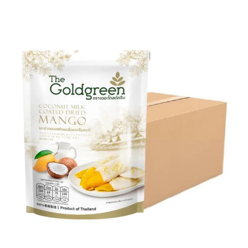 Goldgreen Mango coated with coconut milk cream, 100g, dry grocery product with golden-yellow mango pieces and creamy coconut coating
