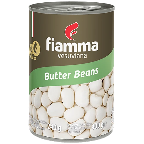 Fiamma Vesuviana Butter Beans in a can, showing the label and beans visible through the transparent lid.