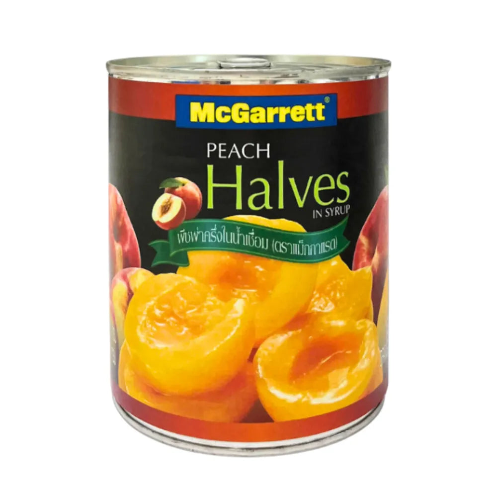 Canned Mcgarrett Peach Halves in Syrup 820g jar, showing golden peach halves submerged in syrup in a glass jar.