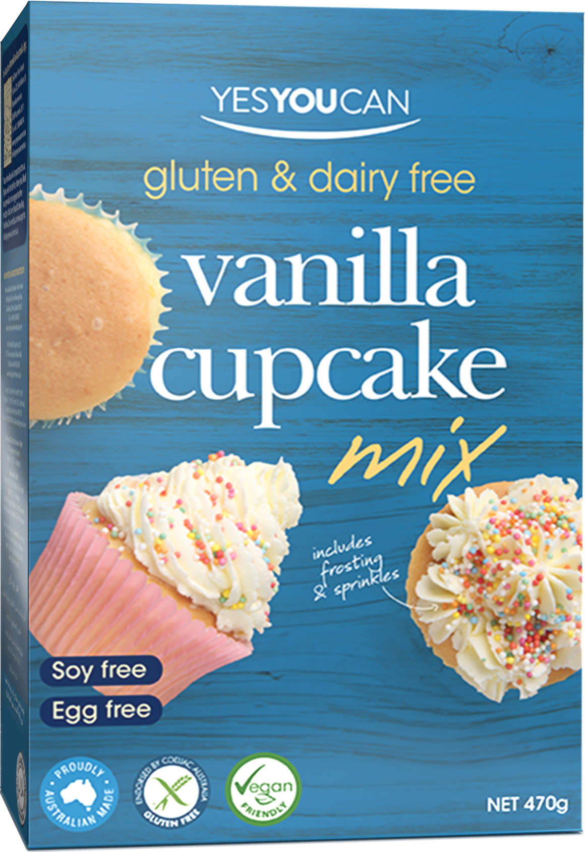 Yes You Can Vanilla Cupcake Mix for healthy baking, showing a box of the product with vanilla cupcakes and ingredients.