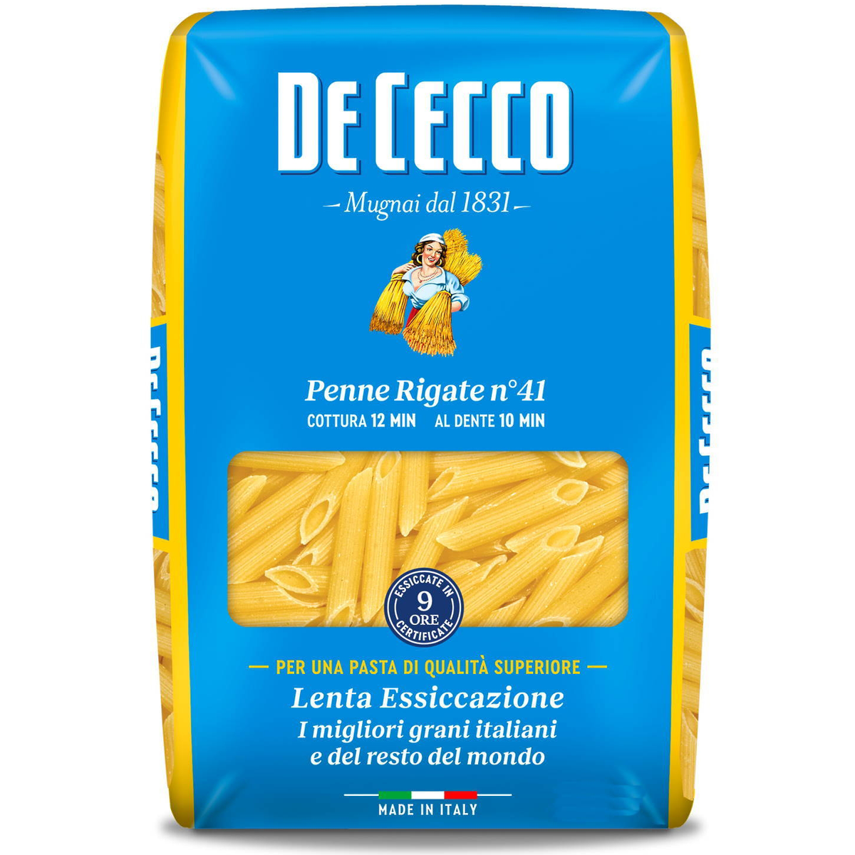 De Cecco Penne Rigate #41 pasta in a grocery store, showing the uncooked pasta with ridged, tube-shaped design.