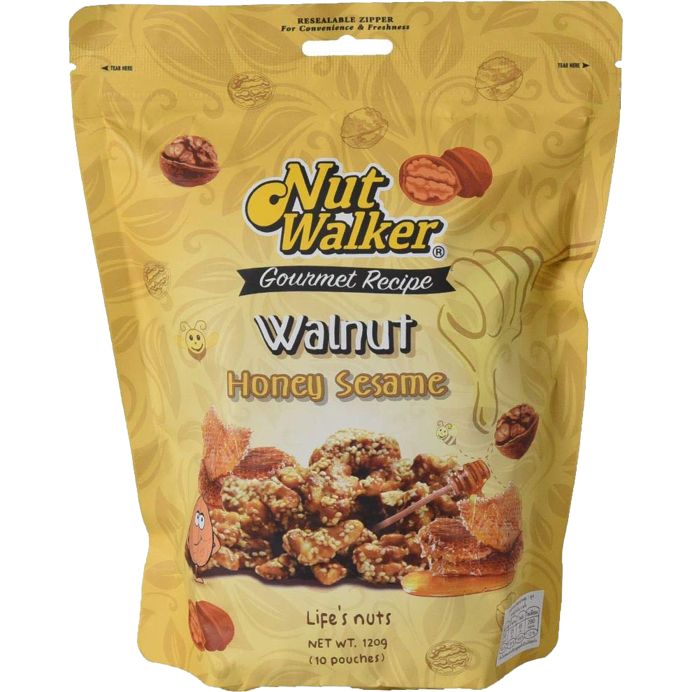Nut Walker Honey Sesame Walnuts confectionery snacks with glazed walnuts coated in honey and sesame seeds in a clear bowl.