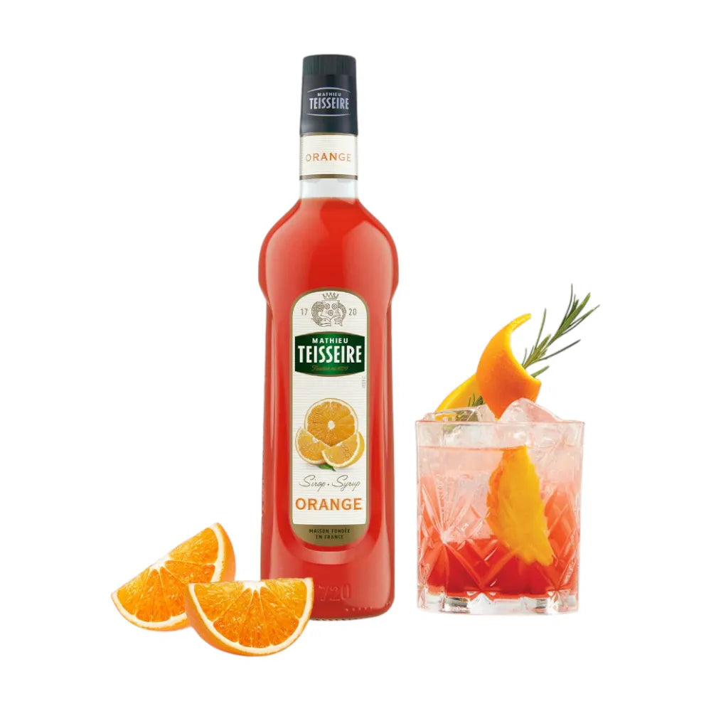 Mathieu Teisseire Orange Syrup 1000ml bottle, is a bright orange flavored syrup for beverages and desserts.