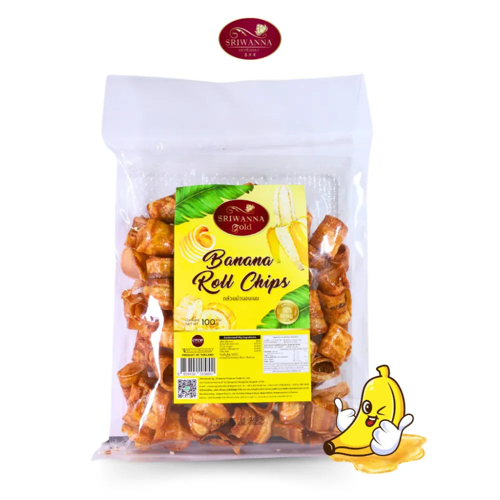 Sriwanna Gold Baked Banana Rolls with Butter in 100g package, dry grocery snack with golden baked banana flavor