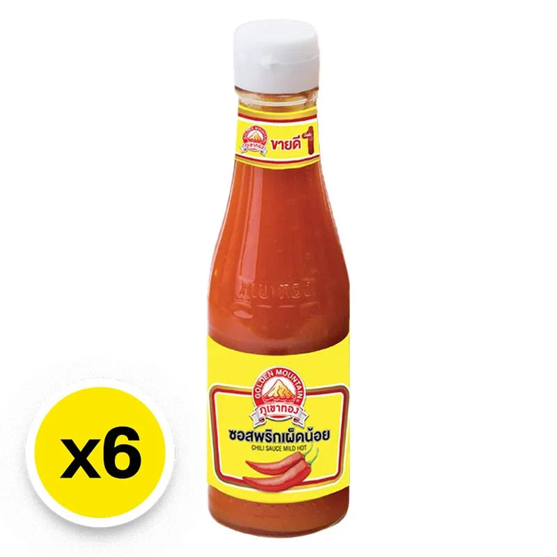 Golden Mountain Chili Sauce 230g, a spicy Asian condiment in a clear bottle with red chili peppers visible inside.