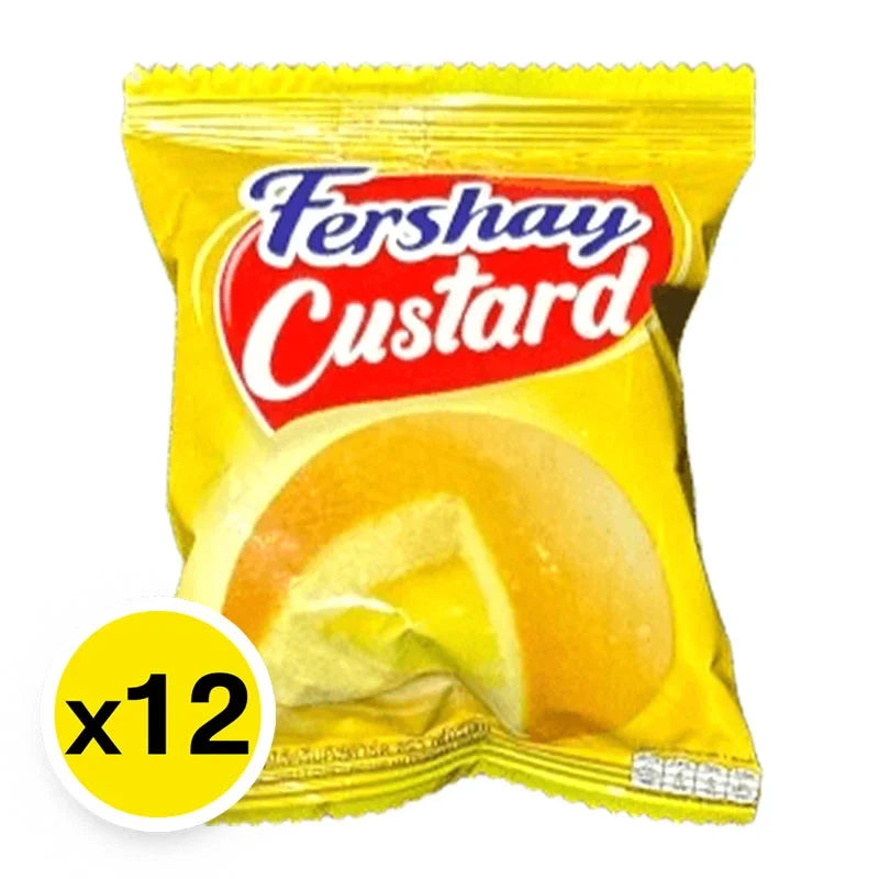 Fershay Custard Cake 17g, dry grocery snack with creamy custard flavor, packaged in a small, convenient single-serving package.