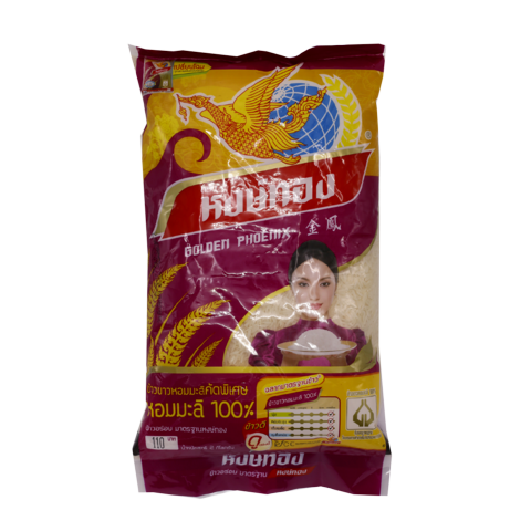 Hong Thong Thai Jasmine Rice bag with white rice grains, showcasing a premium grocery product in a clear bag.