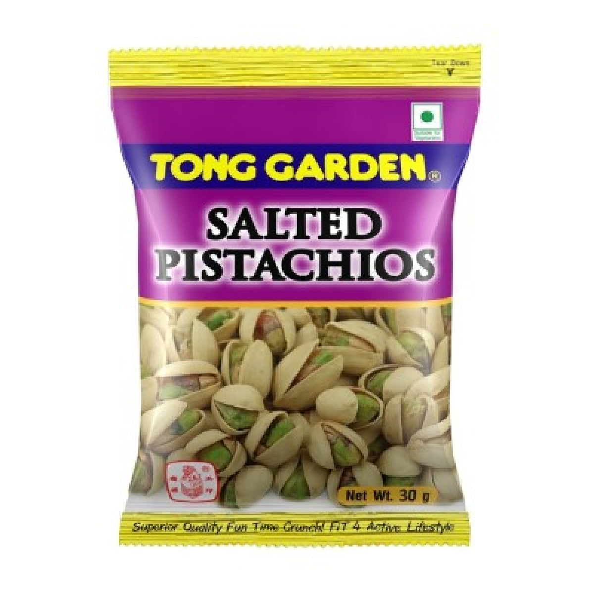 Tong Garden salted pistachio nuts in a clear bowl, showcasing their roasted, salted appearance as a tasty confectionery snack.