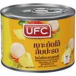 Ufc Rambutan stuffed pineapple in a grocery setting, showcasing a tropical fruit dessert with vibrant pineapple and rambutan filling.