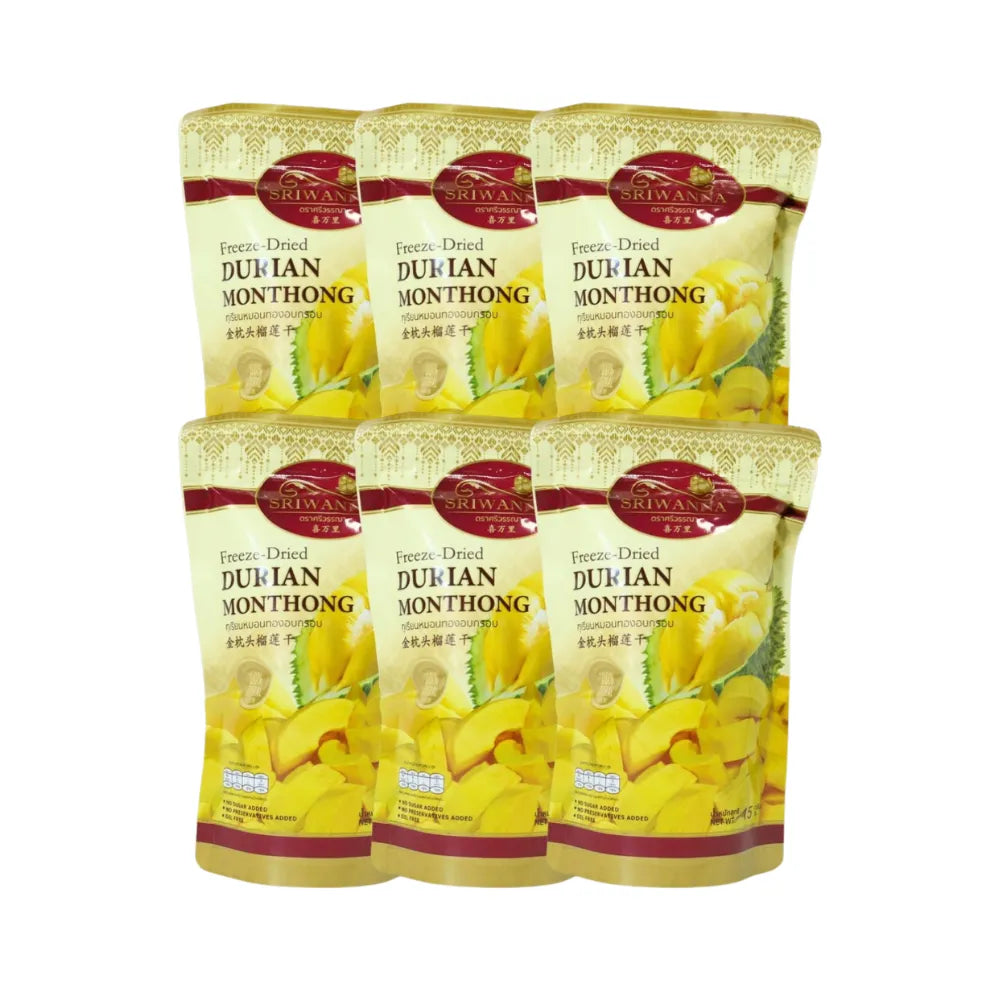 Sriwanna Freeze Dried Durian Monthong 15g in a clear package, showing the golden, dried durian slices from the SRIWANNA brand.