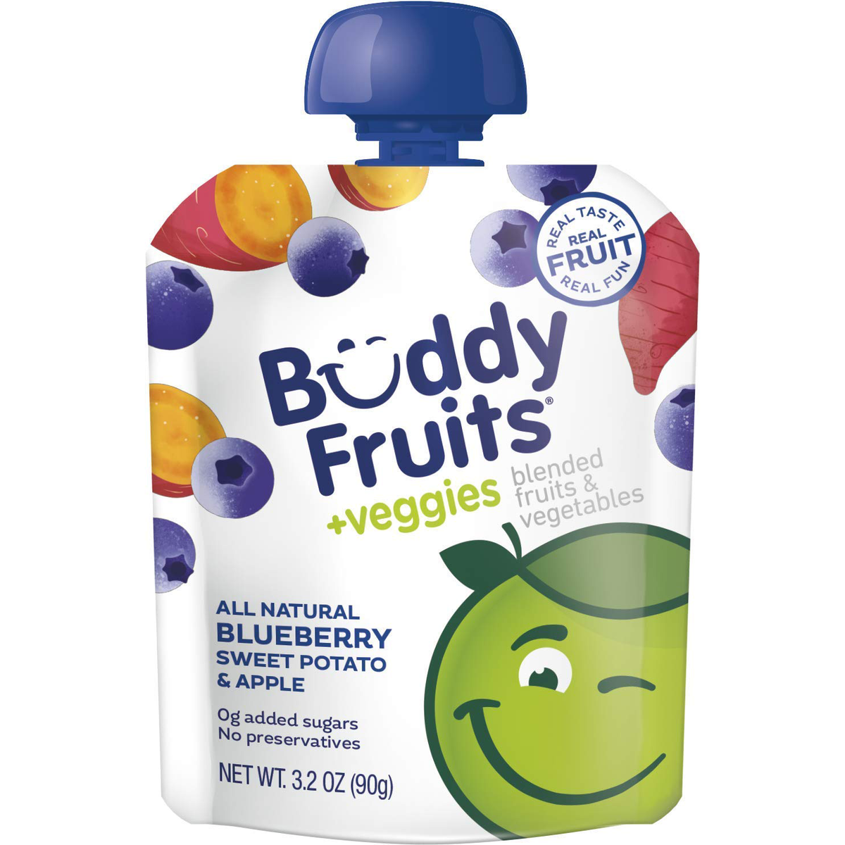 Buddy Fruits healthy sweet potato and blueberry snack in a resealable pouch, featuring fresh orange sweet potato and blue blueberries