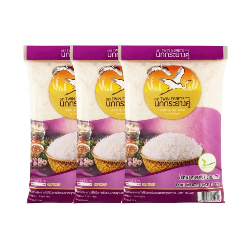 Nokkrayangkoo Double Egret Purple Bag of 5kg rice, traditional dry grocery product, featuring colorful packaging with rice grains visible