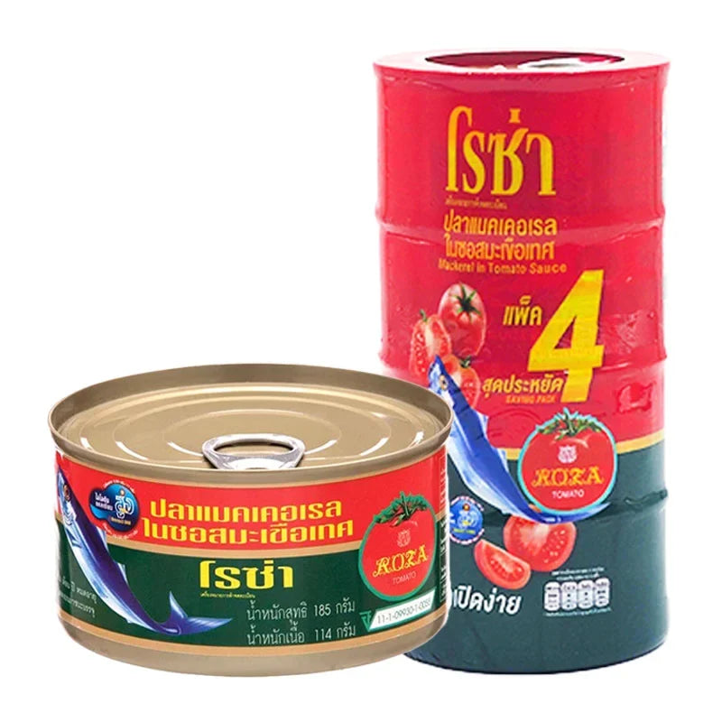 Canned Roza Mackerel in tomato sauce, 190g, shown in a four-pack, ideal for quick, flavorful meals in dry grocery category