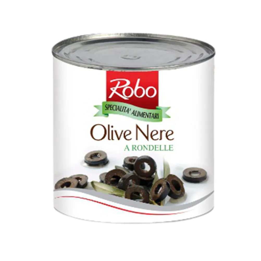 Robo Slice Black Olives in 2.4kg package, dry grocery product by ROBO with sliced black olives on a tray