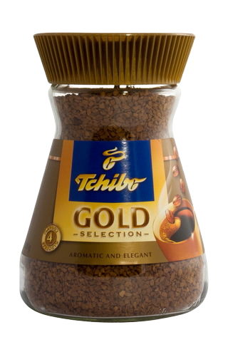 A steaming cup of Tchibo Gold Selection Coffee drink in a white mug, showcasing rich, golden-brown coffee with a smooth surface.