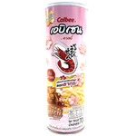 Calbee Ebisen prawn crackers with salted caramel flavor, showing crispy snack pieces in a close-up image.