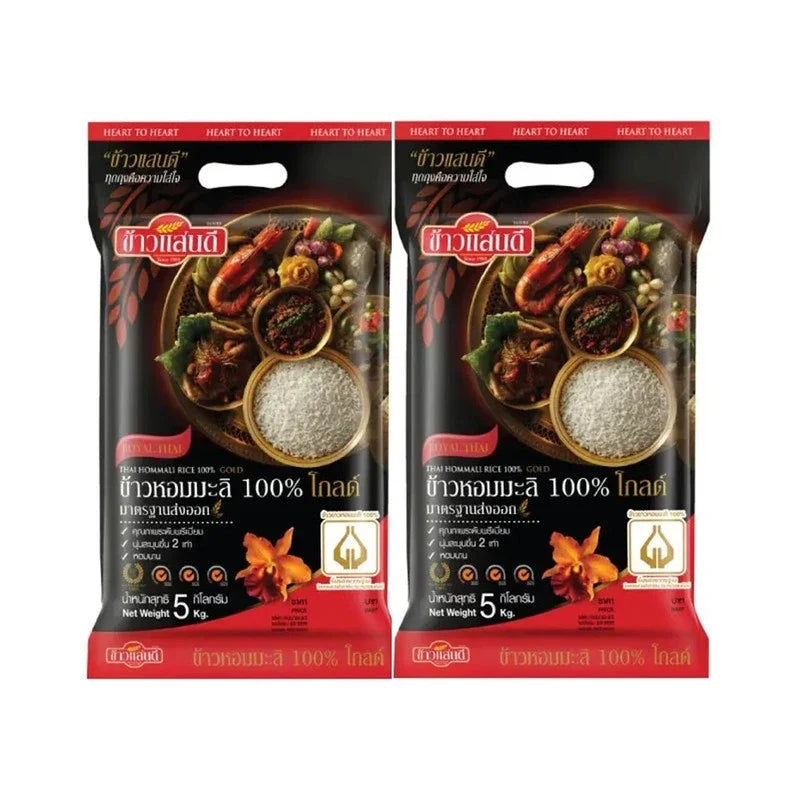 SANDEE Sandee Hommali Rice 100% Gold, 5kg x2, dry grocery product featuring premium long-grain rice in a clear package.