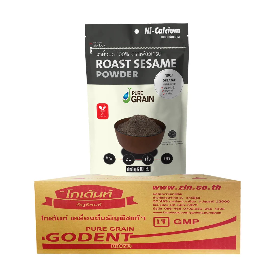 Pure Grain 100% ground roasted black sesame in an 80g package, ideal for cooking and baking, dry grocery product.