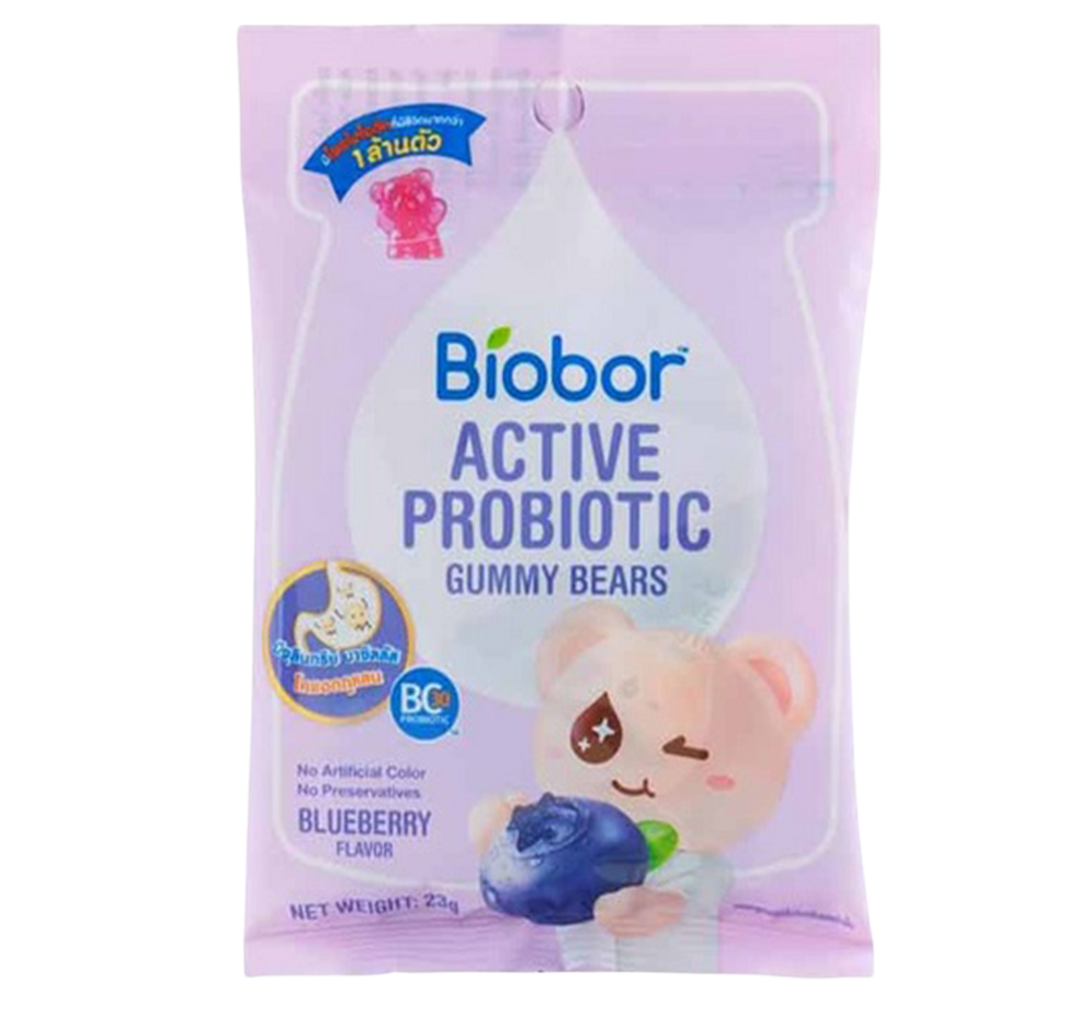 Biobor Active Probiotics Blueberry Gummy, soft blueberry-flavored confectionery snack with probiotics, in clear packaging.
