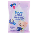 Biobor Active Probiotics Blueberry Gummy, soft blueberry-flavored confectionery snack with probiotics, in clear packaging.