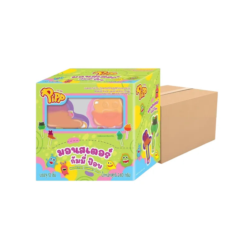 Pipp Monster Gummy POP snack from PIPP, colorful gummy candies in bright packaging, perfect for dry grocery snack selection.