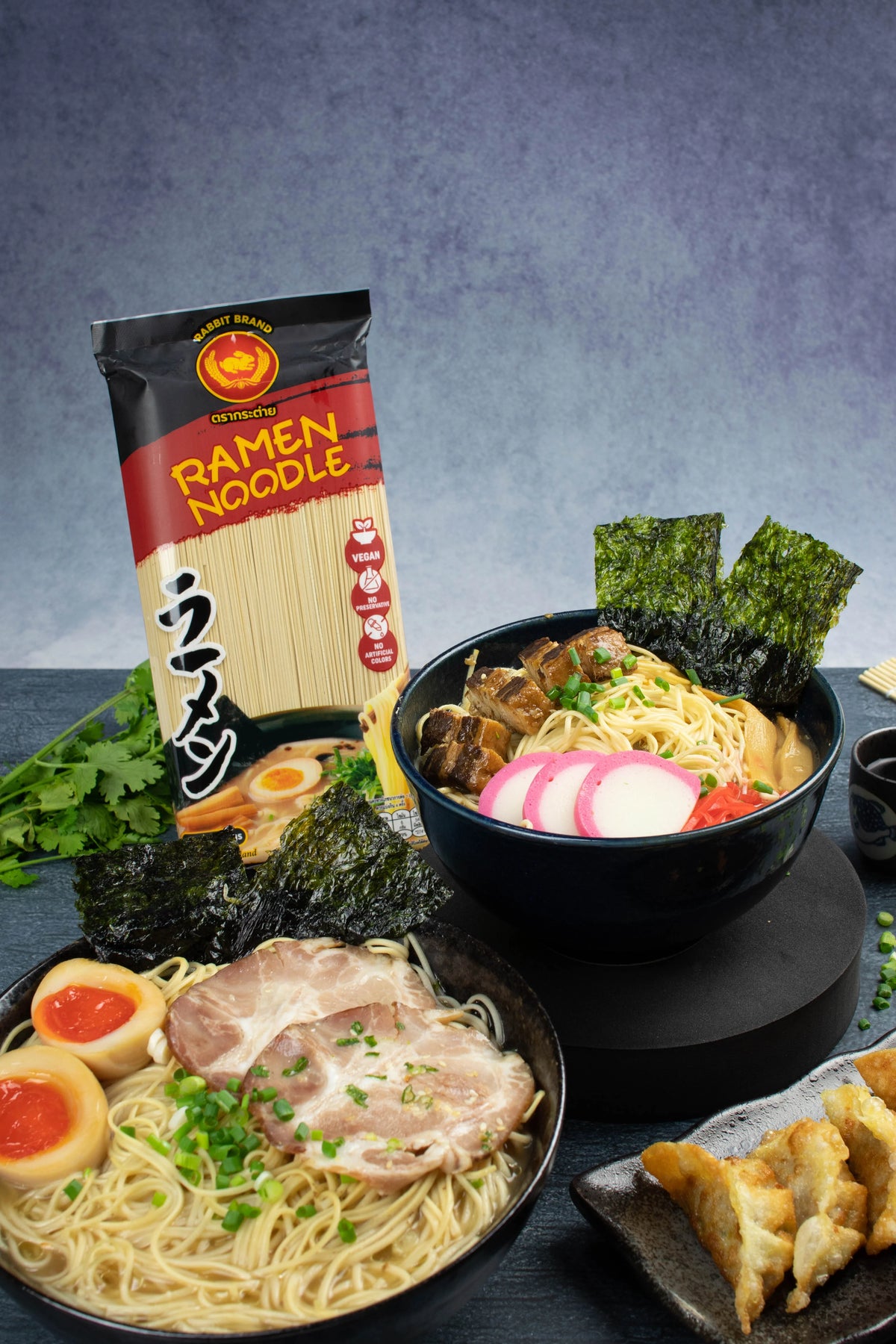 Dried Rabbit Brand Ramen Noodles 400g package, ready for cooking, in a clear plastic wrapping on a grocery store shelf