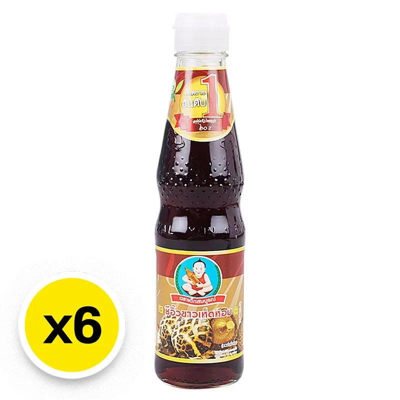 DEK SOM Boon Mushroom Sauce 300ml bottle, part of a 6-pack, featuring rich mushroom flavor for Asian cuisine cooking.