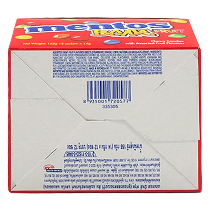 Mentos Candy 14g pack, featuring colorful chewy mints from the MENTOS brand, arranged in a row on a plain background.