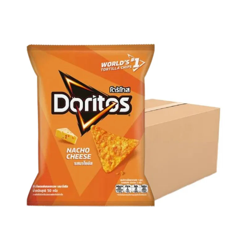 Bag of DORITOS Nachocheese snacks, 50g x 24 packs, featuring cheesy flavored tortilla chips in a colorful snack pack.