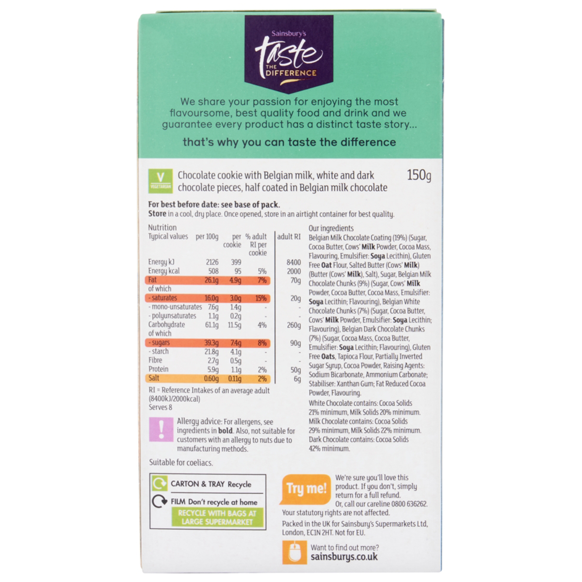 Sainsbury's triple chocolate cookies in a clear package, showing the rich chocolate cookies with visible chocolate chunks.