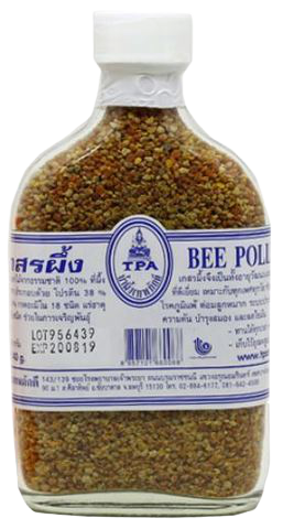 Tpa Bee Pollen in a jar, natural grocery supplement with golden bee pollen granules, used for health and wellness.