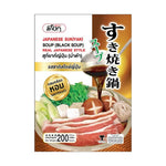 Mishoku Japanese Sukiyaki Soup dry grocery package with colorful labeling and image of prepared sukiyaki dish on the front.