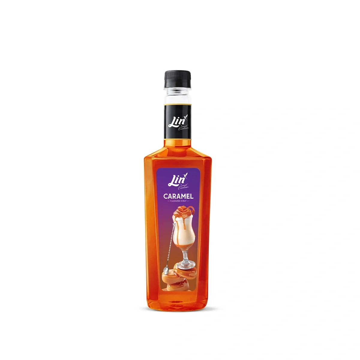 Lin Syrup Caramel Scent 750ml bottle with caramel-colored liquid, used as a flavoring or sweetener in dry grocery products.