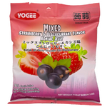 Yogee Mixed Strawberry and Blackcurrant Jelly confectionery snacks in colorful packaging, showcasing vibrant fruit flavors.