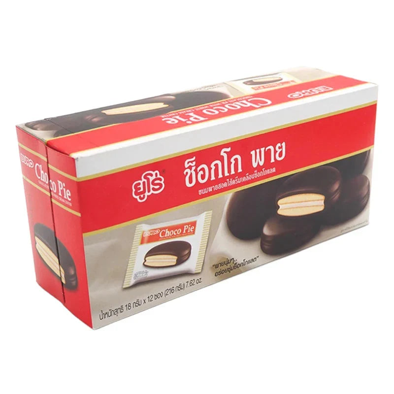 Euro Chocopie chocolate snack with a creamy center, 18g, shown in a package of 12, perfect for snack and confectionery lovers.