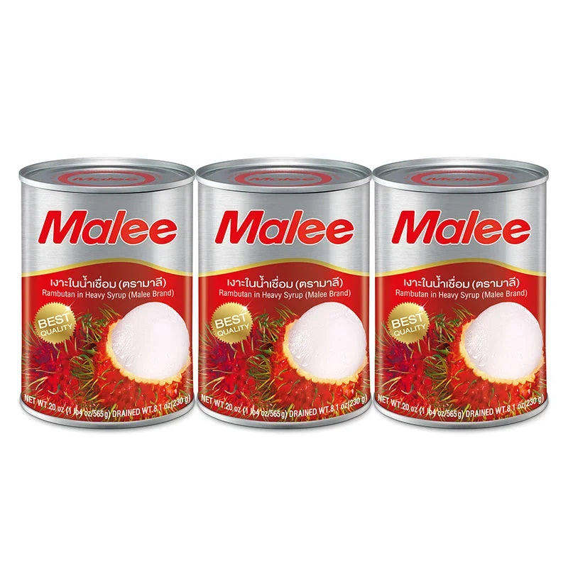 Canned Malee Rambutan in syrup, 20-pack, dry grocery item, showing glossy rambutans in syrup in a clear can.
