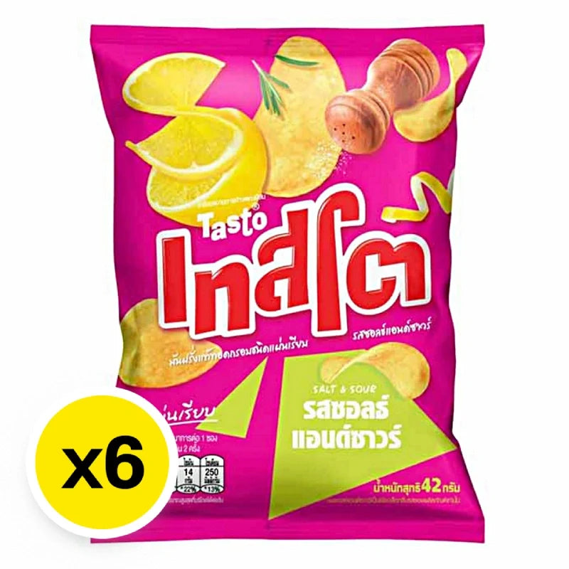 Tasto Potato Chips Salt & Sour Flavor 42g, crispy snack bags in a six-pack, ideal for dry grocery and snack lovers.