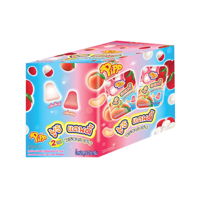 PIPP Pipp Fuji Candy Peach and Lychee flavor snack pack, 18g x12 pcs, dry grocery confectionery with colorful fruit-flavored candies.