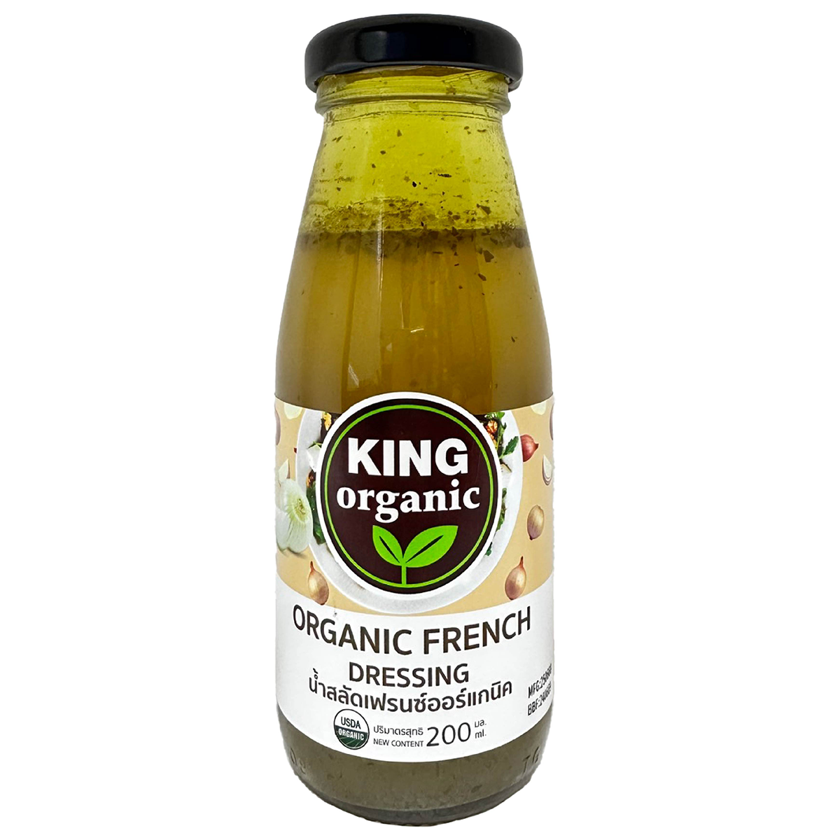 King Organic fresh dressing bottle, organic grocery product with a clear label and vibrant packaging, on a white background.