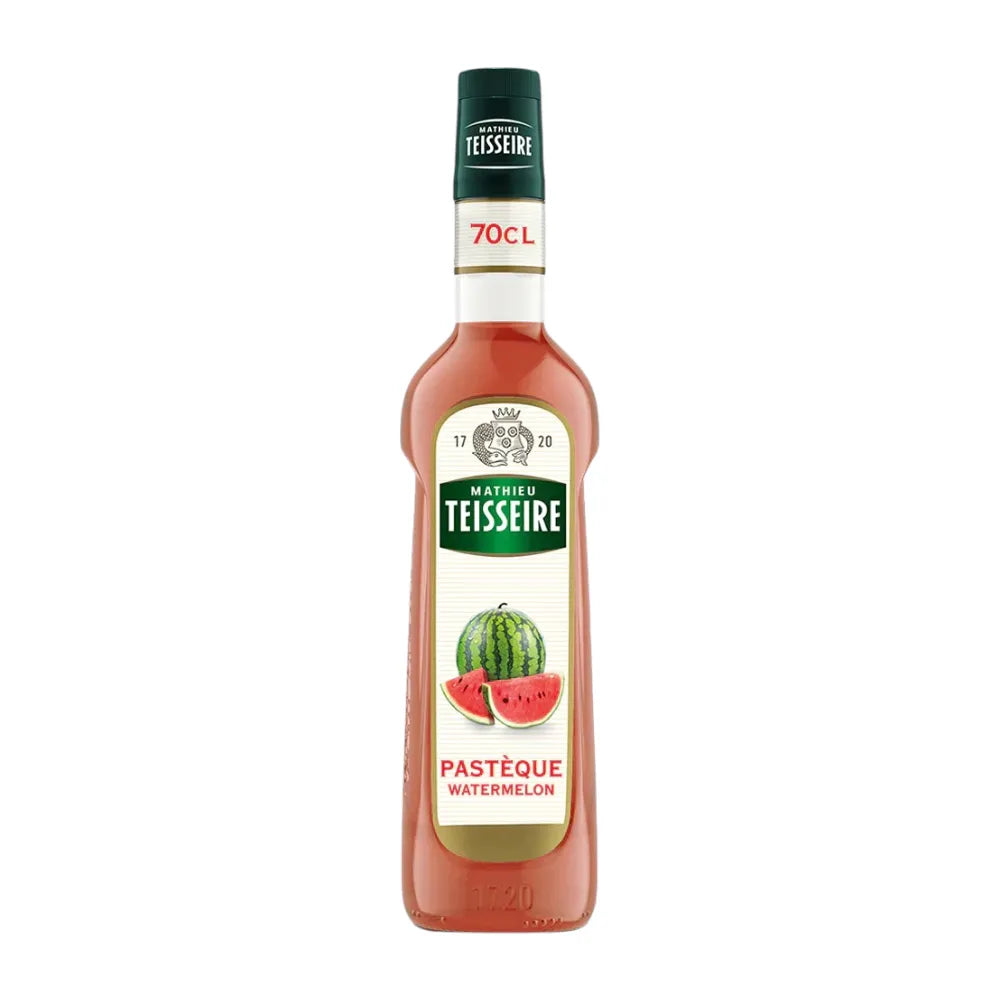 Mathieu Teisseire Melon Syrup 700ml bottle, showcasing bright green melon flavor in a clear plastic container.
