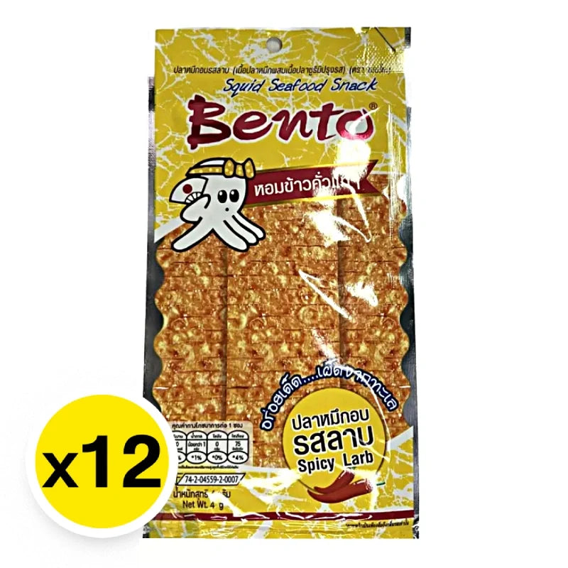 BENTO Bento Squid Seafood Snack Larb 4g package showing dried squid snack with seafood flavor and vibrant packaging.