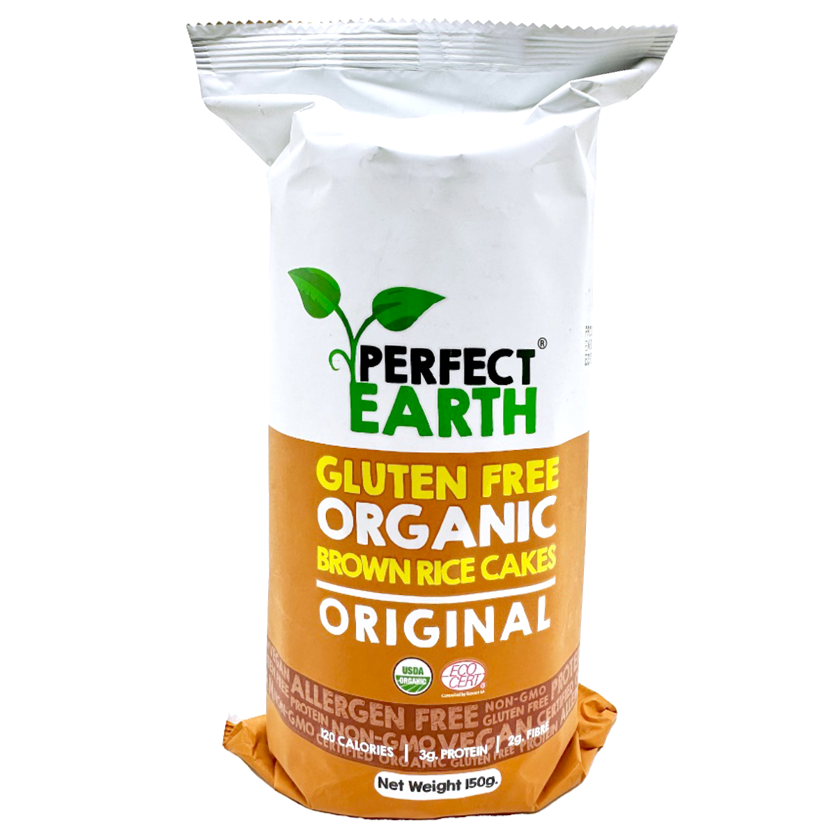 Organic rice cake snack by Perfect Earth, original flavor, crispy and light confectionery snack with rice grains and natural texture.