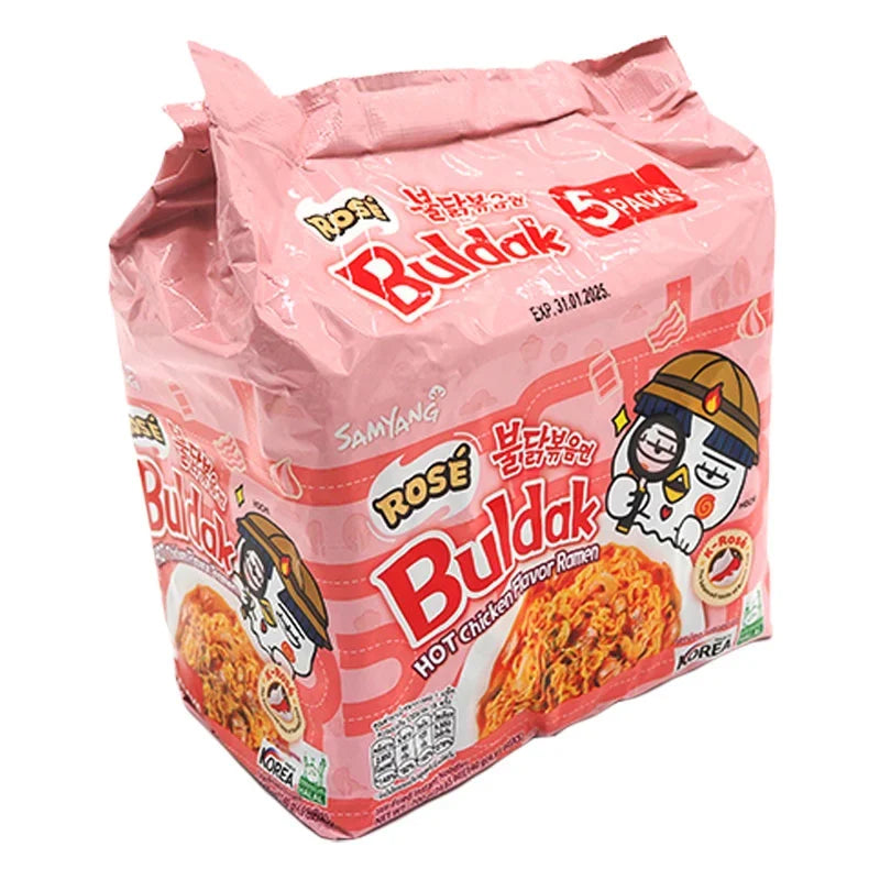 Samyang Buldak Rose Ramen 140g dry grocery product, spicy Korean instant noodle package with vibrant rose-themed design.