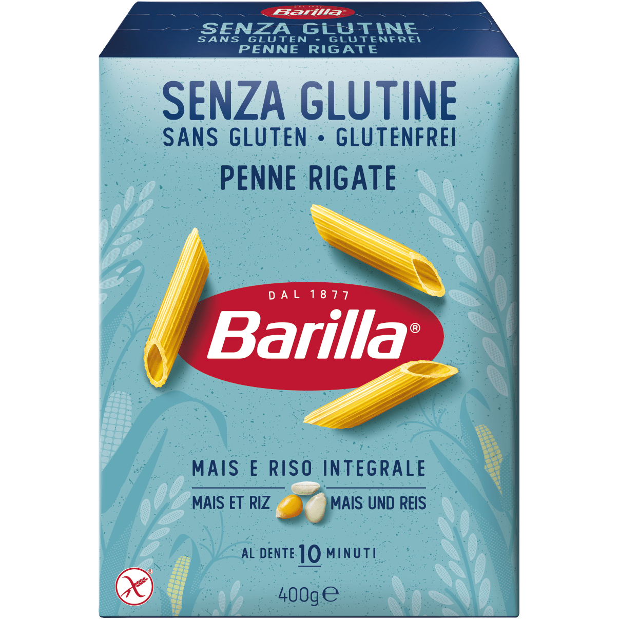 A close-up of gluten-free Barilla Penne pasta in a clear glass bowl, showcasing the golden pasta tubes ready for cooking.